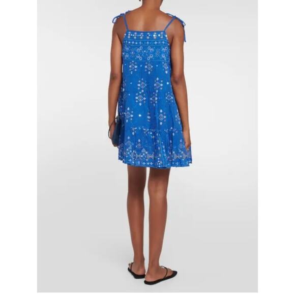 Juliet Dunn Peacock Mosaic Print Wave Blue Cotton Mini Dress Size 3 / Medium - Picture 7 of 11